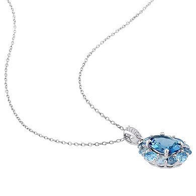 Stella Grace Sterling Silver Multi-Blue Topaz & White Topaz Floral Pendant Necklace