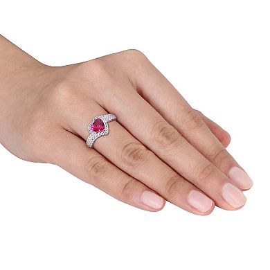 Stella Grace Sterling Silver Lab Created Ruby & Lab Created White Sapphire Heart Halo Ring