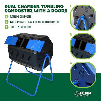 Fcmp Outdoor 37 Gallon Dual Chamber Tumbling Composter Bin With 2 Doors, Blue