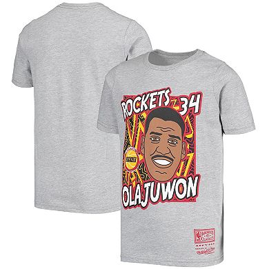 Youth Mitchell & Ness Hakeem Olajuwon Gray Houston Rockets Hardwood Classics King of the Court Player T-Shirt