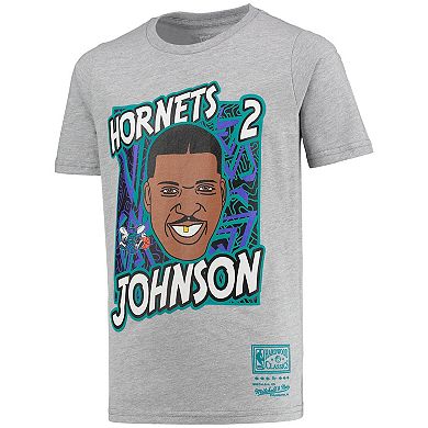 Youth Mitchell & Ness Larry Johnson Gray Charlotte Hornets Hardwood Classics King of the Court Player T-Shirt