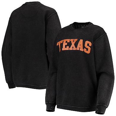 Women's Pressbox Black Texas Longhorns Comfy Cord Vintage Wash Basic Arch Pullover Sweatshirt