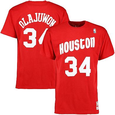 Men's Mitchell & Ness Hakeem Olajuwon Red Houston Rockets Hardwood Classics Retro Name & Number T-Shirt