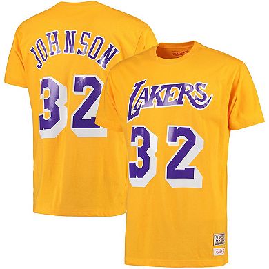 Men's Mitchell & Ness Magic Johnson Gold Los Angeles Lakers Hardwood Classics Retro Name & Number T-Shirt