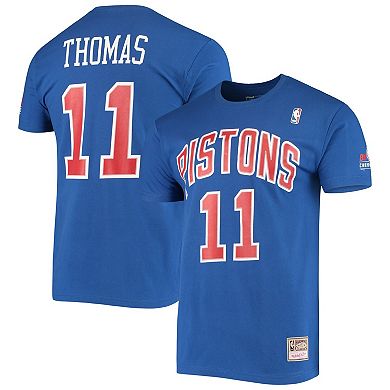 Men's Mitchell & Ness Isiah Thomas Blue Detroit Pistons Hardwood Classics Stitch Name & Number T-Shirt