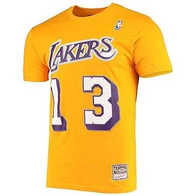 Men's Mitchell & Ness Wilt Chamberlain Gold Los Angeles Lakers Hardwood Classics Stitch Name & Number T-Shirt