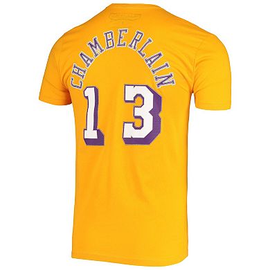 Men's Mitchell & Ness Wilt Chamberlain Gold Los Angeles Lakers Hardwood Classics Stitch Name & Number T-Shirt