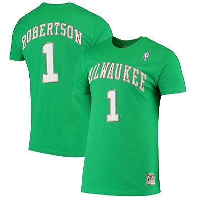 Men's Mitchell & Ness Oscar Robertson Green Milwaukee Bucks Hardwood Classics Stitch Name & Number T-Shirt