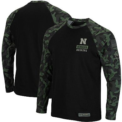 Men's Colosseum Black Nebraska Huskers OHT Military Appreciation Camo Raglan Long Sleeve T-Shirt