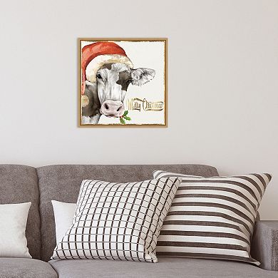 Amanti Art Christmas Cow Framed Canvas Wall Art