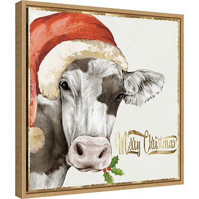 Amanti Art Christmas Cow Framed Canvas Wall Art