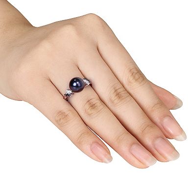 Stella Grace Sterling Silver 1/8 Carat T.W. Black & White Diamond and Dyed Black Freshwater Cultured Pearl Ring