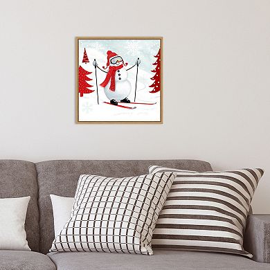 Amanti Art Snow Day I Snowman Skiing Framed Canvas Wall Art