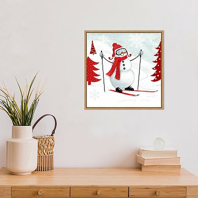 Amanti Art Snow Day I Snowman Skiing Framed Canvas Wall Art