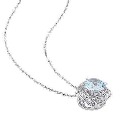 Stella Grace 10k White Gold Sky Blue Topaz & 1/10 Carat T.W. Diamond Swirl Halo Pendant Necklace