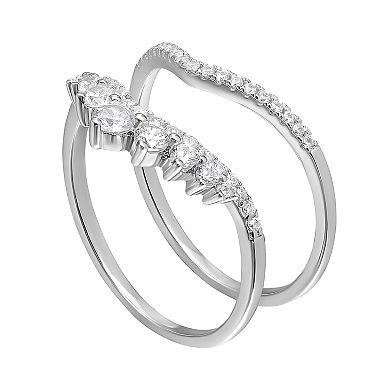 PRIMROSE Sterling Silver Cubic Zirconia Curve Graduated Double Ring Set