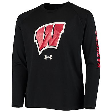 Youth Under Armour Black Wisconsin Badgers 2-Hit Raglan Performance Long Sleeve T-Shirt