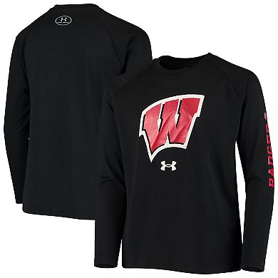 Youth Under Armour Black Wisconsin Badgers 2-Hit Raglan Performance Long Sleeve T-Shirt