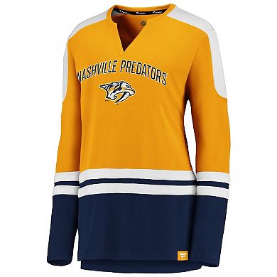 Women's Fanatics Gold/Navy Nashville Predators Iconic Slapshot Long Sleeve Notch Neck T-Shirt