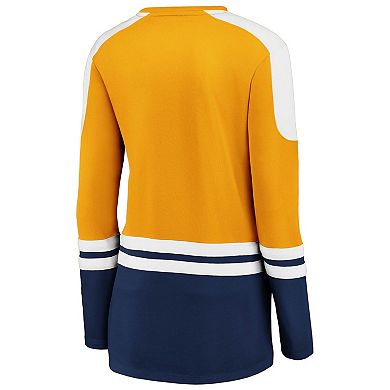 Women's Fanatics Gold/Navy Nashville Predators Iconic Slapshot Long Sleeve Notch Neck T-Shirt