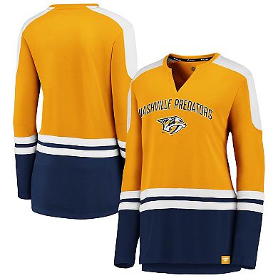 Women's Fanatics Gold/Navy Nashville Predators Iconic Slapshot Long Sleeve Notch Neck T-Shirt