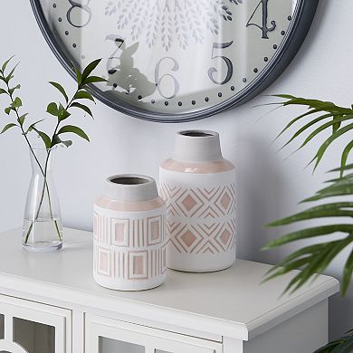Stella & Eve Pink & White Geometric Textured Patterned Ceramic Vase 2-piece Set