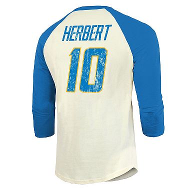 Men's Majestic Threads Justin Herbert Cream/Powder Blue Los Angeles Chargers Vintage Player Name & Number 3/4-Sleeve Fitted T-Shirt