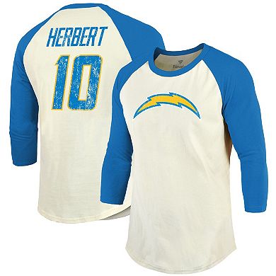 Men's Majestic Threads Justin Herbert Cream/Powder Blue Los Angeles Chargers Vintage Player Name & Number 3/4-Sleeve Fitted T-Shirt