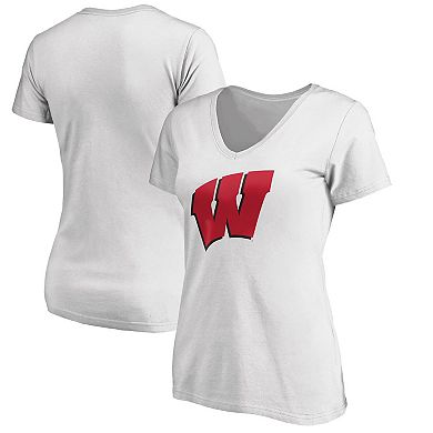 Women's Fanatics Branded White Wisconsin Badgers Plus Size Team Primary Logo V-Neck T-Shirt