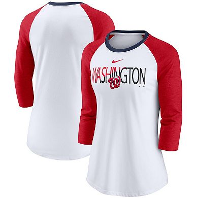 Women's Nike White/Heathered Red Washington Nationals Color Split Tri-Blend 3/4-Sleeve Raglan T-Shirt