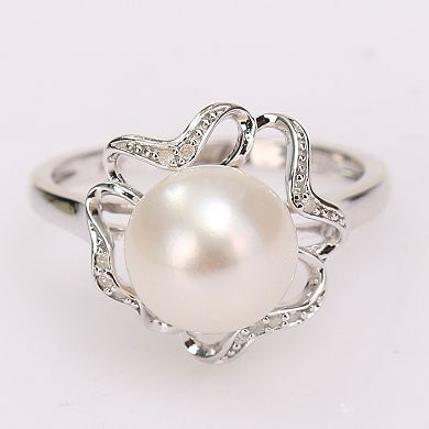 Stella Grace Sterling Silver Freshwater Cultured Pearl & Diamond Accent Flower Cocktail Ring