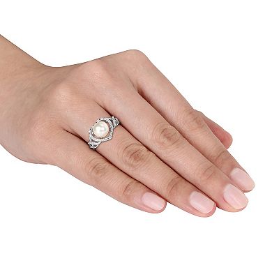 Stella Grace Sterling Silver Freshwater Cultured Pearl & Diamond Accent Heart Ring