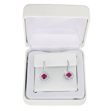 Sterling Silver Lab-Created Ruby & Lab-Created White Sapphire Halo Drop Earrings