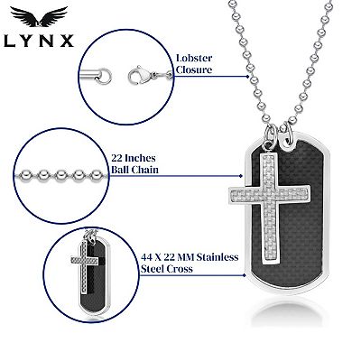 Men's LYNX Stainless Steel Carbon Fiber Inlay Dog Tag & Cross Pendant Necklace 