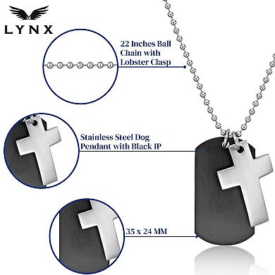Men's LYNX Two Tone Stainless Steel Cross & Dog Tag Pendant Necklace 