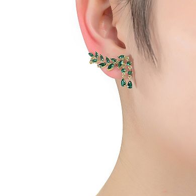 14k Gold Over Sterling Silver Green Cubic Zirconia Leaf Stud Earrings