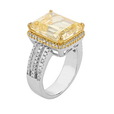 14k Gold Over Sterling Silver Yellow Cubic Zirconia Asscher Cut Triple Pave Ring