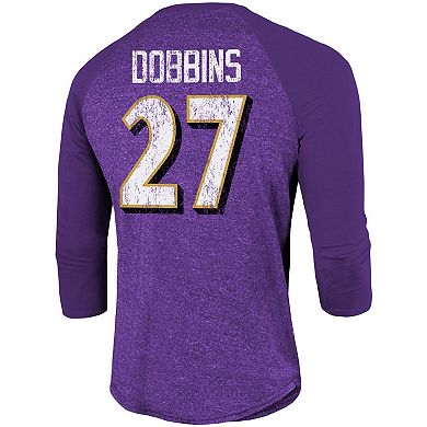 Men's Fanatics Branded J.K. Dobbins Purple Baltimore Ravens Team Player Name & Number Tri-Blend Raglan 3/4-Sleeve T-Shirt