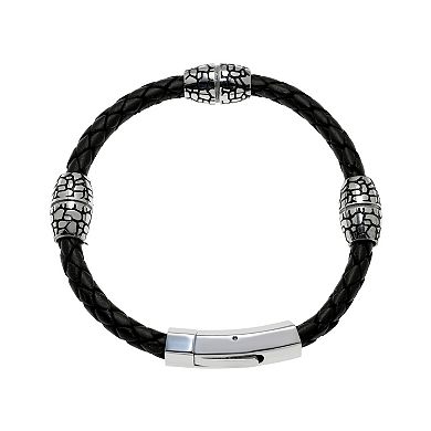 Men's LYNX Black Ion-Plated Stainless Steel & Black Leather Bracelet 