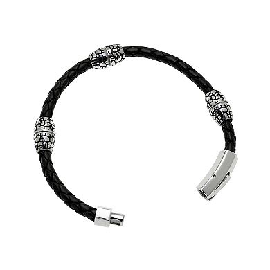 Men's LYNX Black Ion-Plated Stainless Steel & Black Leather Bracelet 