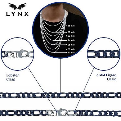 Men's LYNX Blue Acrylic Coated Stainless Steel Figaro Chain Necklace 