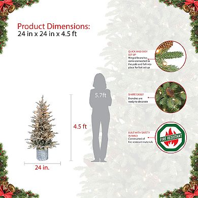 Puleo International 4.5-ft. Pre-Lit Potted Flocked Arctic Fir Artificial Christmas Tree