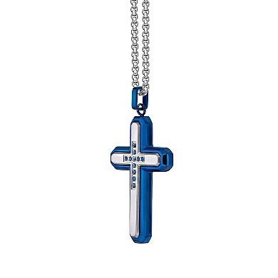 Men's LYNX Blue Stainless Steel Cubic Zirconia Cross Pendant Necklace