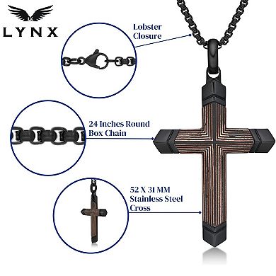 LYNX Stainless Steel Carbon Fiber & Copper Foil Cross Pendant Black Ion-Plated Men's Necklace