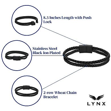 LYNX Stainless Steel 2-row Wheat Chain Black Ion-Plated Men's Bracelet