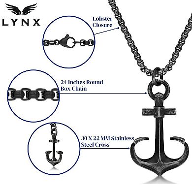 Men's LYNX Antiqued Stainless Steel Box Chain Anchor Pendant Necklace