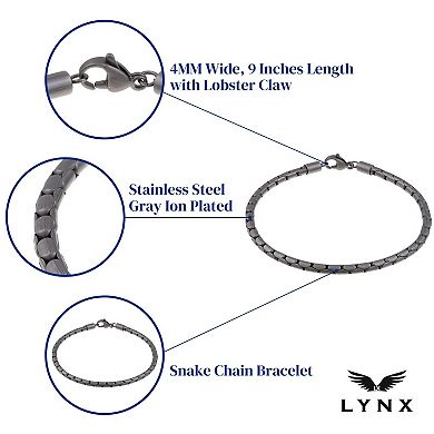 LYNX Stainless Steel 4mm Snake Chain Gray Ion-Plated 9" Men's Bracelet