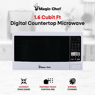 Magic Chef MCM1611W 1100 Watt 1.6 Cubic Feet Digital Countertop Microwave, White