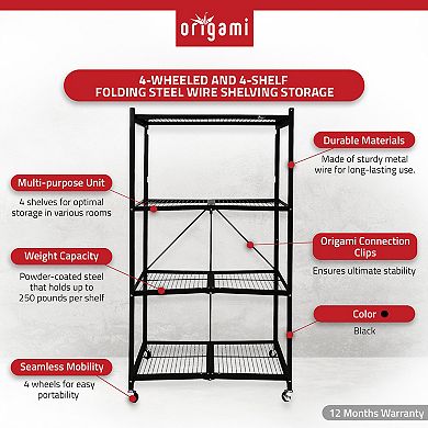 Origami R5-06W Black 4-Wheeled and 4-Shelf Folding Steel Wire Shelving Storage