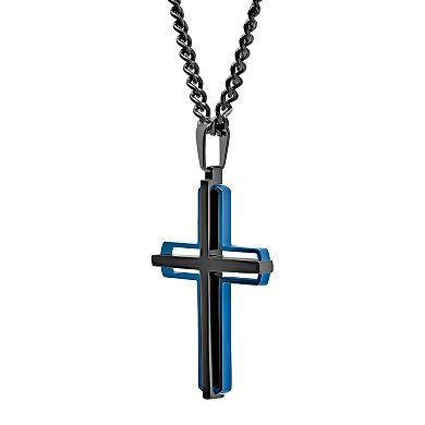 Steel Nation Men's Black & Blue Ion-Plated Stacked Cross Pendant Necklace
